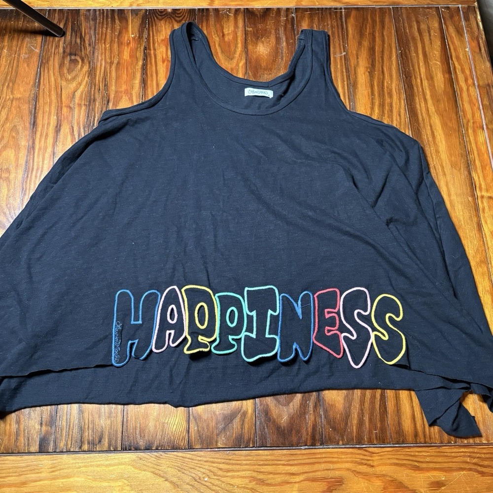 Lauren Moshi Black HAPPINESS Rainbow Color Hem Swing Tank Top Sz S A1256